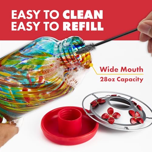 Twinkle Star Hummingbird Feeder Glass, 28fl.oz Hummingbird Feeders for Outdoors Hanging, 5 Feeding Ports & Perch Ring, Hand Blown, Hummingbirds Gifts, Garden Decor, incl.S Hook, Ant Moat, Rope (Red)