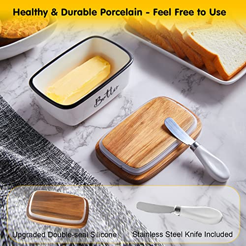 Butter Dish with Lid and Knife for Countertop, Airtight Butter Keeper for Counter or Fridge, Ceramic Butter Container with Thick Acacia Wood Lid, for Farmhouse Kitchen Decor and Accessories, White