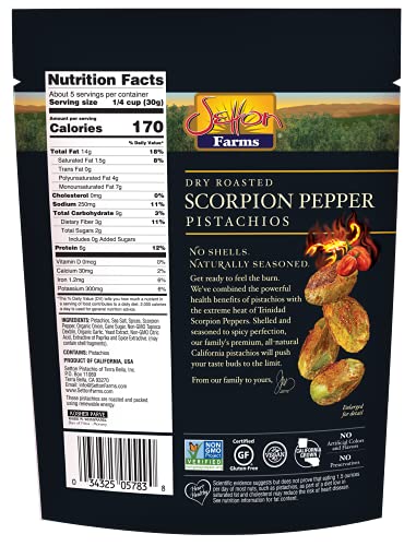 Setton Farms Pistachios, Scorpion Pepper Extreme Flavor, Naturally Seasoned, Dry Roasted No Shell, Non-GMO Project Verified, Gluten Free, Vegan, Kosher, 5 Oz