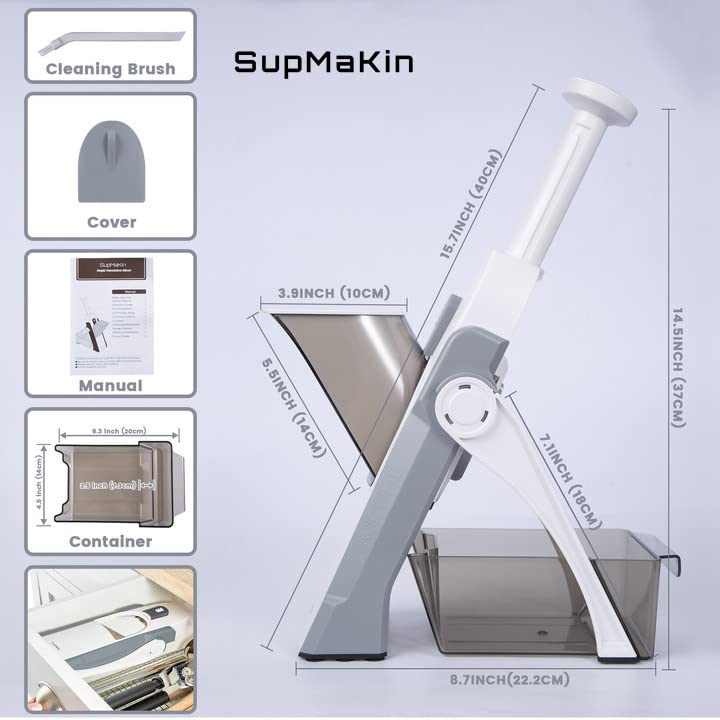 SupMaKin Safe Mandoline Slicer, Potato Slicer Maual Vegetable Chopper Adjustable Thickness Food Cutter, Kitchen Chopping Artifact for Cooking Meal Prep (Gray)