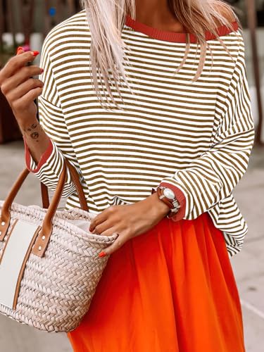 ANRABESS Womens Sweaters Striped Color Block Long Sleeve Crewneck Casual Loose Knitted Pullover Shirts 2024 Fall Trendy Tops Pink Green Large