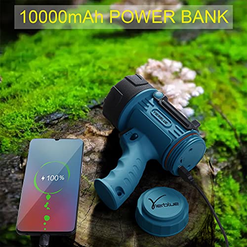 YIERBLUE Rechargeable Spotlight, Waterproof Handheld Flashlight, 200000 Lumens LED, 10000mAh Battery, IP67 Waterproof, 3 Adaptable Settings, 18W USB-C Port