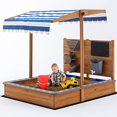 Kids Large Wooden SandBoxes with Roof, Pipleo Outdoor Sand Box Play w/Canopy for Backyard Garden Beach, Sand Pit for Beach Patio Outdoor, [Adjustable Cover & Sand Funnel & Drawing Board] - Brown Oak
