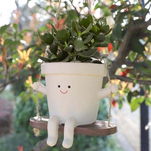 CEOJPA Swing Smiley Face Hanging Planter Pot for Indoor Outdoor Plants, Cute Swinging Plant Pot, Hanging Flower Pots, Face Planter Pot Head, Resin Succulent Planter (S-Plant Pot-Straight)