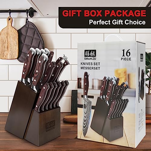 SHAN ZU Knife Set 16 pcs, Japanese Kitchen Knife Set with Block High Carbon Stainless Steel Ultra Sharp Knife Set for Kitchen, Professional Chef Knife Set with Sharpener