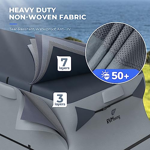 RVMasking 7 Layers top Class C RV Cover for 23'1"-26' Motorhome - Heavy Duty Windproof Rip-Stop Anti-UV with 4 Tire Covers & Gutter Spout Cover