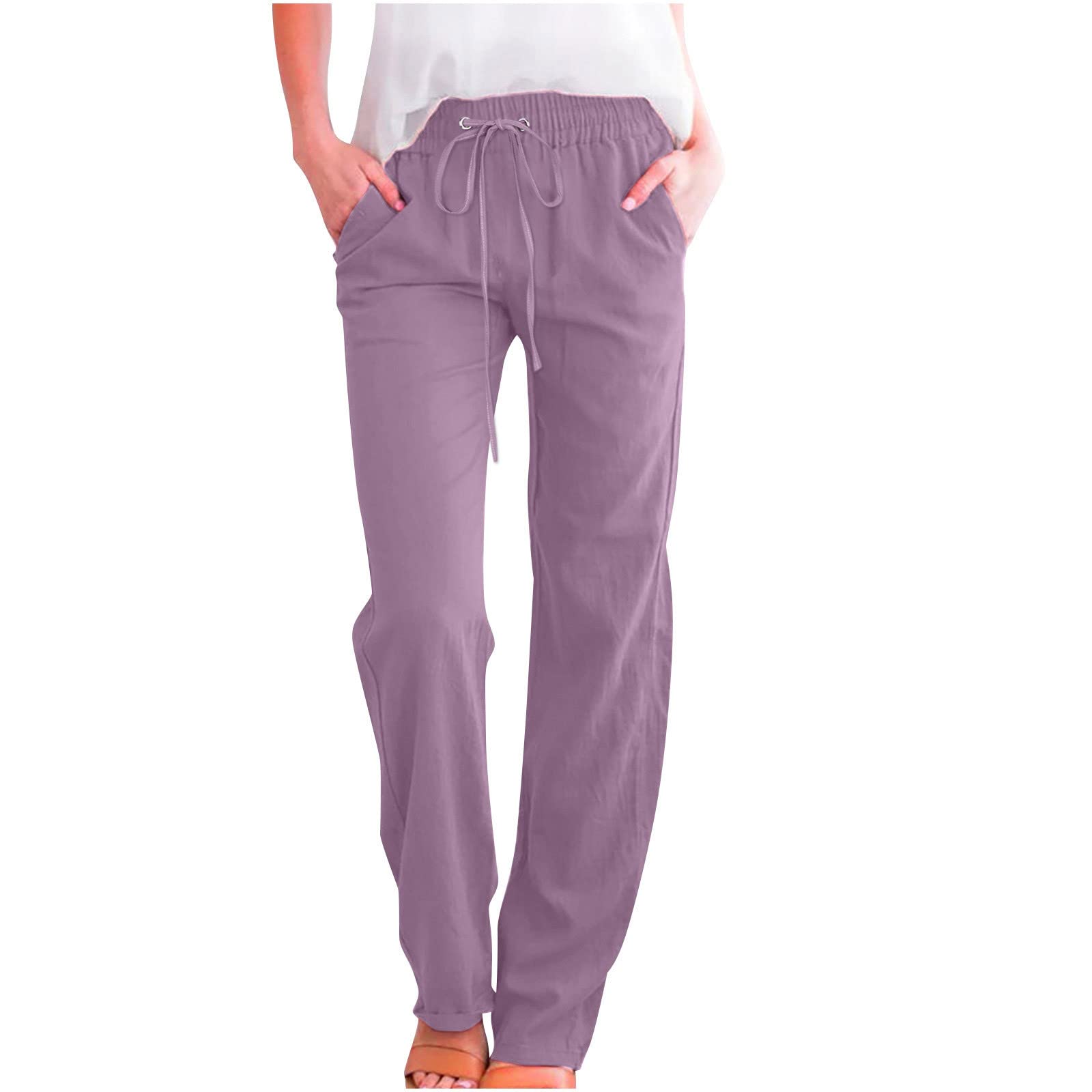 LRMQS Day Prime Deals Today 2024 Womens Casual Linen Pants 2024 Spring Drawstring Elastic Waist Trousers with Pockets Lounge Fashion Vacation Clothing My Orders Lightning Deals of Today Prime