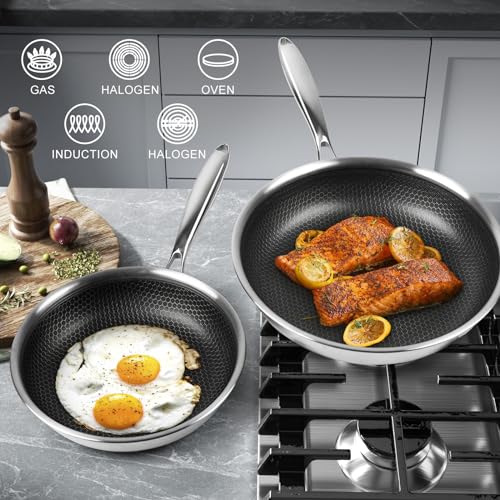 Innerwell Tri-Ply Stainless Steel Frying Pan Set with Lid,8 Inch,9.5 Inch and 11 Inch Nonstick Honeycomb Stainless Steel Cooking Pan Set of 3，Skillet Works Pan for Cooking with Induction Gas Stovetops