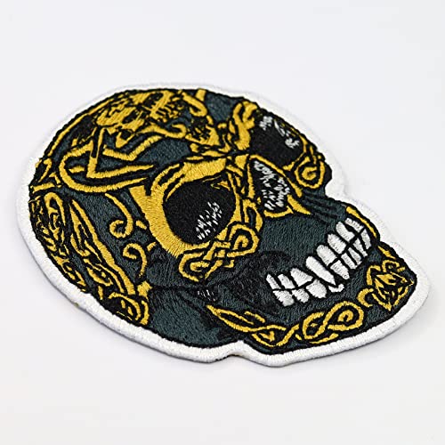 SKULL Patch pirates | Golden skull iron-on patch for all fabrics & leather | Skull head sticker for clothing and leather | tribal badge halloween accessory emblem | 2.75x2.28 in