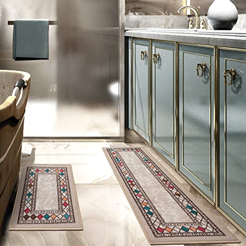 Antep Rugs Alfombras Modern Bordered 2x4 Non-Skid (Non-Slip) Low Profile Pile Rubber Backing Kitchen Area Rugs (Beige, 2'3" x 4')