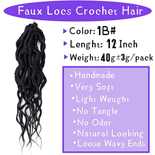 LOSMOEER Faux Locs Crochet Hair 12 Inch, 6 Packs Goddess Locs Crochet Hair for Women, Soft Locs Pre Looped Crochet Braids with Wavy Curly Ends Boho Locs Synthetic Braids Extensions (#1B)