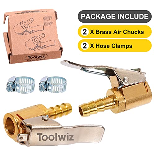 Toolwiz 2pcs Lock Inflate Locking Air Chuck with Clip, 1/4 Inch Brass Portable Lock on Tire Inflator Chuck Hose Adapter Tire Chucks Air Compressor Hose End with Barb Connector for Hose Repair