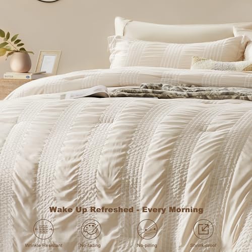 GRT Twin Comforter Set 5 Pieces, Beige Cationic Dyeing Bed in a Bag Twin, Lightweight Striped Seersucker Bedding Set for All Seasons with Comforter, Flat Sheet, Fitted Sheet, Pillowcases & Shams