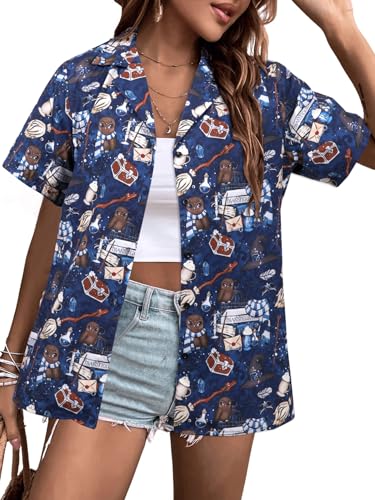 Magical Owl Shirt Graphic Tees: Womens Magic Shirts Fantasy Vacation Button Down Blouse Short Sleeve Tops Blue