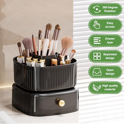 HSSPANFN 2024 New 360°Rotating Makeup Holder Organizer, Makeup Organizer with Drawers, Multifunction Desk Organizer for Vanity, Bathroom and Bedroom Desk (White)