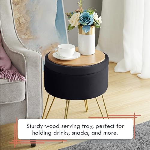 Ornavo Home Modern Round Velvet Storage Ottoman Foot Rest Stool/Seat with Gold Metal Legs & Tray Top Coffee Table - Black
