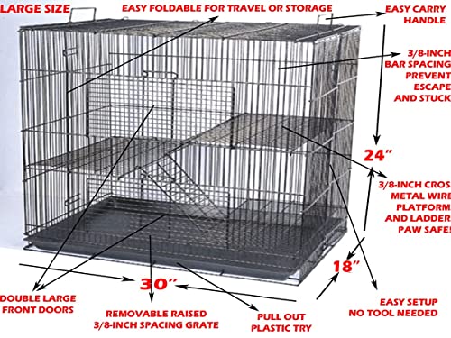 Large 3-Levels Foldable Ferret Chinchilla Sugar Glider Rats Animal Chew Free Metal Carrier Travel Cage with Narrow 3/8" Wire Bar Spacing Prevent Escape and Stuck Shelves and Ladders Included