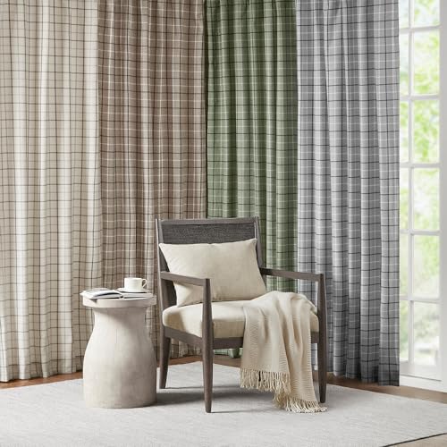 Madison Park Anaheim Cabin Plaid Curtain Window, Thermal Insulated Fleece Lining, Living Room Decor Light Blocking Drape for Bedroom, 1-Single Panel Pack, 50" x 84", Faux Leather Tab, Brown