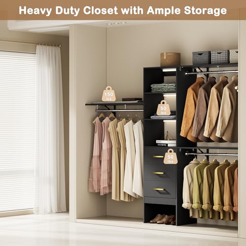 LOVMOR Built-in/Walk-in Closet System 8ft with Drawers and Shelves, 96inch Customizable Organizers and Storage Systems, Wall Mounted Wardrobe for Clothes Organization W/Expandable Rod