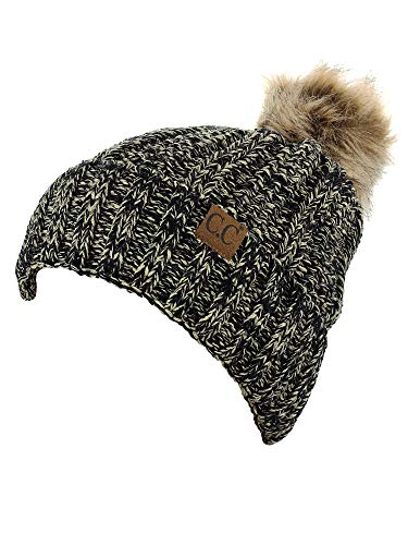 C.C Thick Cable Knit Faux Fuzzy Fur Pom Fleece Lined Skull Cap Cuff Beanie, Lt Pink/Beige Mix