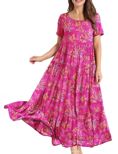 YESNO Women Casual Loose Bohemian Floral Dress with Pockets Short Sleeve Long Maxi Summer Beach Swing Dress S EJF CR425