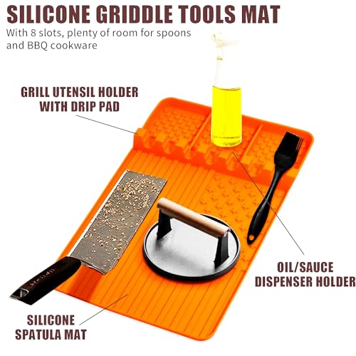 Silicone Griddle Tools Mat for Blackstone,Grill BBQ Caddy Utensils Holder for Kitchen,Cooking & Countertop,Large Spatula Mat with Drip Pad,Griddle Accessories for Blackstone (orange)