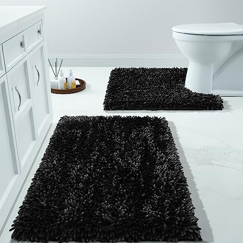 Yimobra Bathroom Rugs Sets 2 Piece, Luxury Shaggy Extra Thick Bathroom Rugs, Plush Non-Slip Mats for Bath Room Floor, Machine Wash, Ultra Absorbent, 44.1 x 24 + 24 x 17 Inches, Light Grey