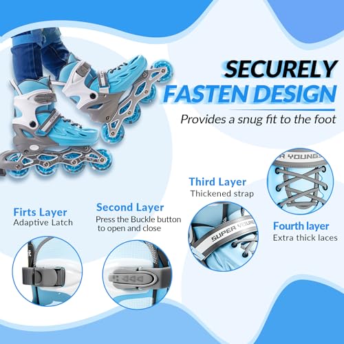 SUPER YOUNGSTER Adjustable Inline Skates for Boys Girls Ages 4-12 with Light Up Wheels, Roller Skates Blades for Youth Kids Indoor & Outdoor Beginners