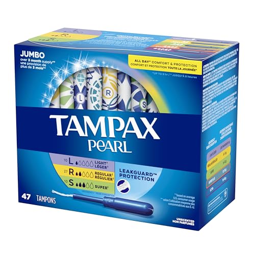 Tampax Pearl Tampons Multipack, Light/Regular/Super Absorbency, With Leakguard Braid, Unscented, 47 Count