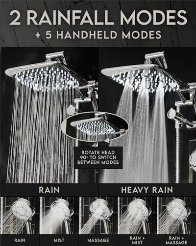 Veken High Pressure Rain Shower Head Combo with Extension Arm- Easy to Install Wide Rainfall Showerhead with 3 Water Spray Modes – Adjustable Dual Showerhead with Anti-Clog Nozzles