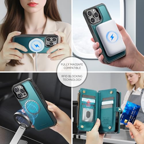 Defencase for iPhone 15 Pro Magnetic Wallet Case Compatible with Magsafe with RFID Blocking Zipper Strap Card Holder for Women, PU Leather Detachable Case for iPhone 15 Pro (6.1 inches), Blue Green