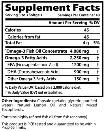 Arazo Nutrition Wild Caught Omega 3 Fish Oil – 120 Soft Gels – 4,080mg High EPA 1200mg DHA 900mg Lemon Flavor Burpless Softgels