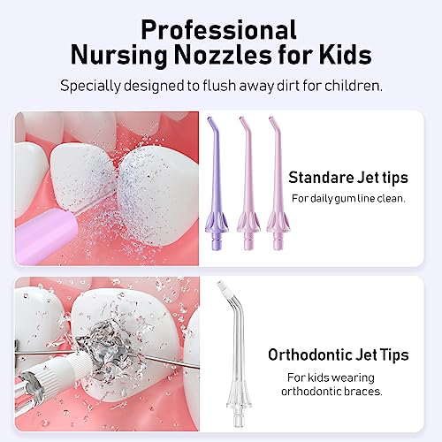 COSLUS Kids Water Dental Flosser Deep Cleaning Picks, Portable, 4 Modes for Ages 6+ Safe Waterproof Flosser Rechargeable with 4 Jet Tips for Gums Care F5023 Pink Purple