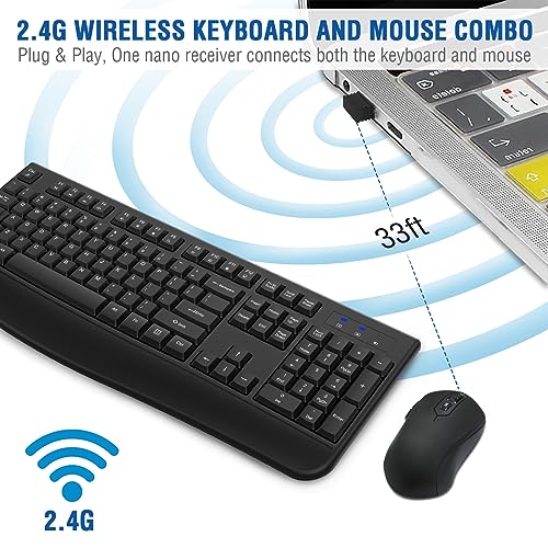 Wireless Keyboard and Mouse Combo, EDJO 2.4G Full-Sized Ergonomic Computer Keyboard with Wrist Rest and 3 Level DPI Adjustable Wireless Mouse for Windows, Mac OS Desktop/Laptop/PC(2 Pack)