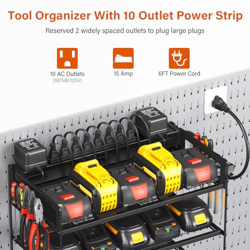 JUNNUJ Large Power Tool Organizer with 10 Outlet Power Strip, 3 Layer Wall Mount Drill Holder with Charging Station, 8 Drills Storage Shelf Shop Garage Utility Rack, Black