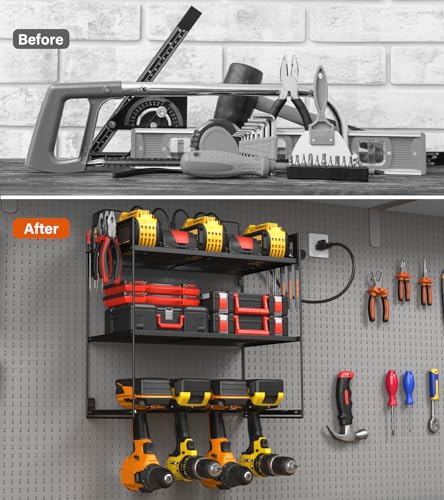 JUNNUJ Large Power Tool Organizer with 10 Outlet Power Strip, 3 Layer Wall Mount Drill Holder with Charging Station, 8 Drills Storage Shelf Shop Garage Utility Rack, Black
