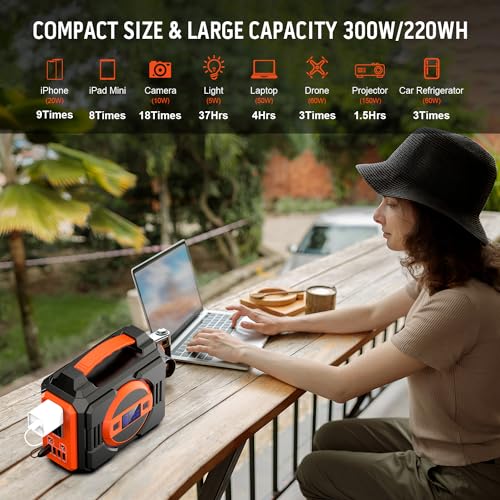 Portable Power Station Bank 300W Rated(600W Peak),220Wh Solar Powered Power Bank with 2 AC Outlet 110V Pure Sine Wave, 60000mAh Power Bank Lithium Battery Pack for Home Outdoor Camping Emergency