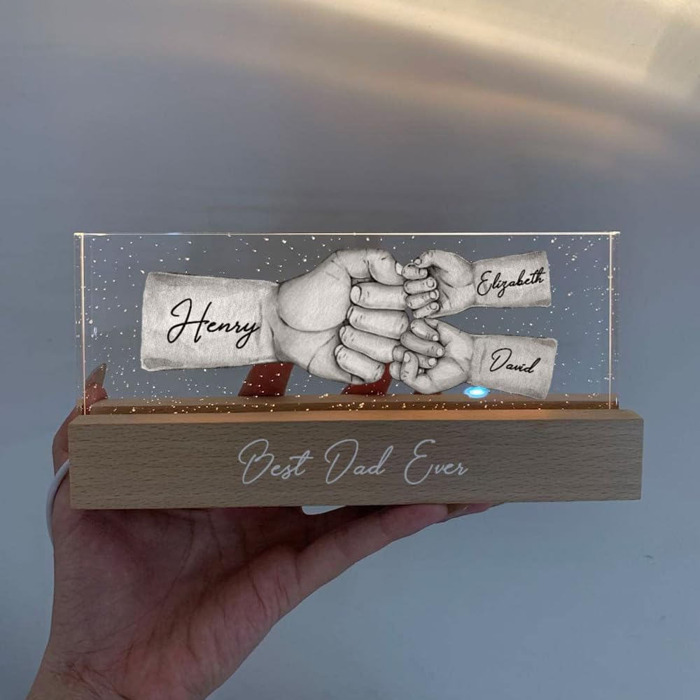 Dad's Team Fist Bump Personalized Acrylic LED Night Light, Custom Dad Night Light, Father's Day Christmas Birthday Gifts for Daddy, Papa, Grandpa, Husband, Fist Bump Night Light, Fathers Day Decor