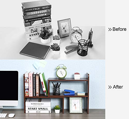 PAG Desk Organizer Desktop Shelf Adjustable Countertop Bookshelf Small Table Shelves Book Organizer Office Organization for Desk, Antique Brown
