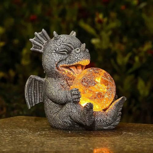 Jy.Cozy Garden Dragon Statues - Adorable Baby Resin Dragon Figurines, Holding Magic Orb with Solar LED Lights, Outdoor Spring Decorations for Patio Yard Lawn Porch, Ornament Gift