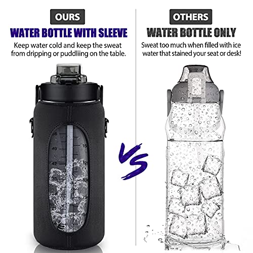 Chokoter Half Gallon Water Bottle with Sleeve, 64OZ Motivational Water Bottle with Straw & Time Marker, BPA Free Leakproof Large Sports Water Bottle, Reusable Water Jug for Workout Gym Sport