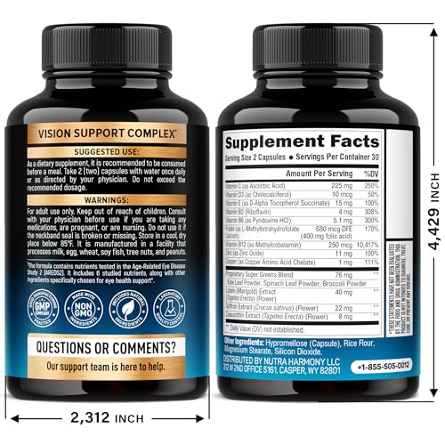 Eye Vitamins - Lutein and Zeaxanthin Supplements - AREDS2 Based Supplement for Seniors & Adults - Eye Health & Vision Support - Saffron, Zinc, Vitamins, Copper, Super Greens - Made in USA, 60 Capsules