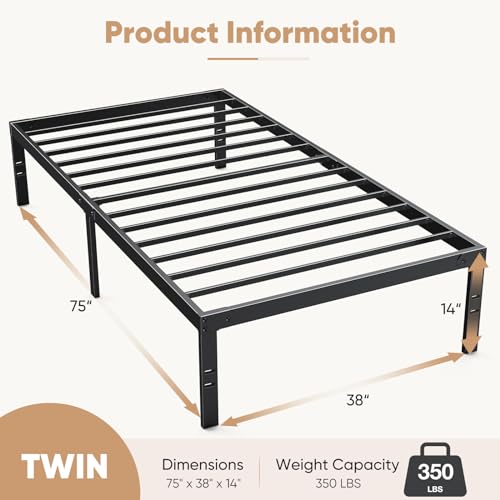 DUMOS Bed Frame - Twin Size Metal Platform Bed Frame Mattress Foundation with Steel Slat Support, No Box Spring Needed, Storage Space Under Frame, Easy Assembly, Black