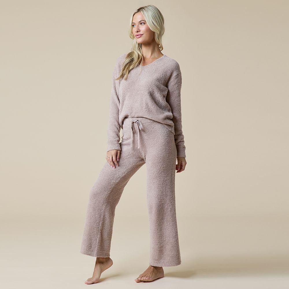 Softies Marshmallow V Neck Lounge Set for Women Ultra Soft 2 Piece Loungewear with Relaxed Top and Straight Leg Pants, Coco, S