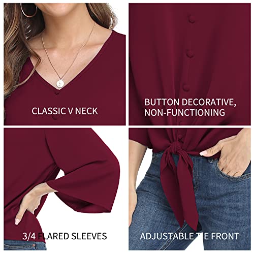 VIISHOW Women's V Neck Tops 3/4 Sleeve Tie Knot Blouses Casual Button Decorative Work Shirts,Wine red,Medium