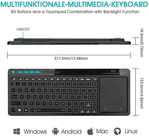 Rii K18 Plus Wireless 3-LED Color Backlit Multimedia Keyboard with Multi-Touch Big Size Trackpad,Rechargable Keyboard for Android TV Box,PC,Smart TV,Xbox,Raspberry Pi, HTPC IPTV,Windows, MacOS (2.4G)