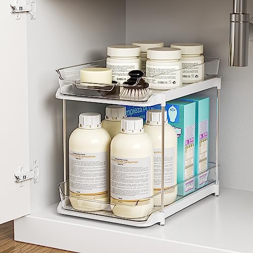 Delamu 2-Tier Multi-Purpose Bathroom Cabinet Organizer, Pull Out Under Sink Organizers and Storage, Stackable Pantry Organization and Storage, Clear Under Cabinet Storage with Movable Dividers