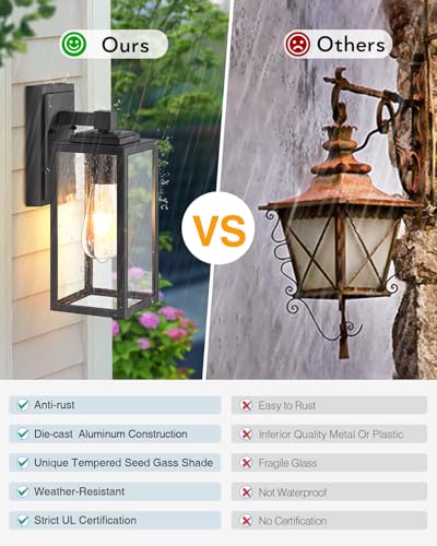 VIANIS Outdoor Wall Lights, Porch Lights Outdoor Lantern, Black Waterproof Outdoor Light Fixtures Wall Mount with Seed Tempered Glass