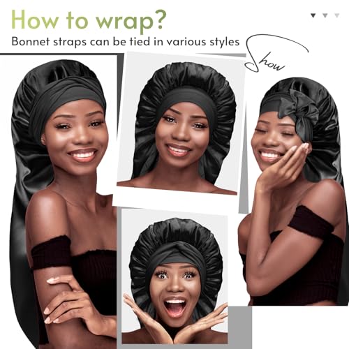 BONNET QUEEN Braid Bonnet Silk Bonnet Foldable Extra Long Bonnet for Braids Satin Bonnet for Sleeping Hair Bonnet with Tie Band Long Sleep Cap Black