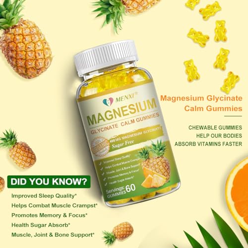 Magnesium Glycinate Gummies 400mg, Sugar Free Magnesium Taurate, Magnesium Malate Supplement with Vitamin D, B6, CoQ10 for Relaxation, Stress Relief, Muscle, Bone & Sleep Support- 60 Pineapple Gummies